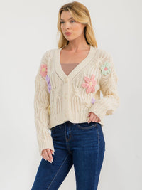 WOMEN'S LONG SLEEVE BUTTON UP EMBROIDERY FLORAL KNIT SWEATER