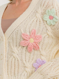 WOMEN'S LONG SLEEVE BUTTON UP EMBROIDERY FLORAL KNIT SWEATER