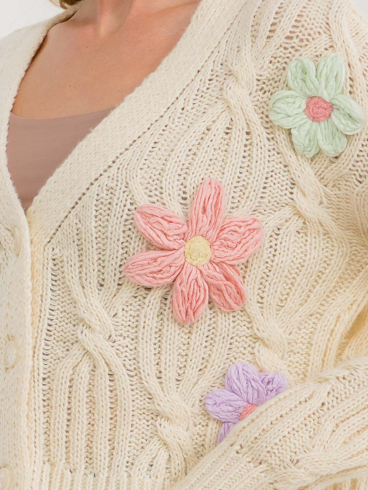 WOMEN'S LONG SLEEVE BUTTON UP EMBROIDERY FLORAL KNIT SWEATER