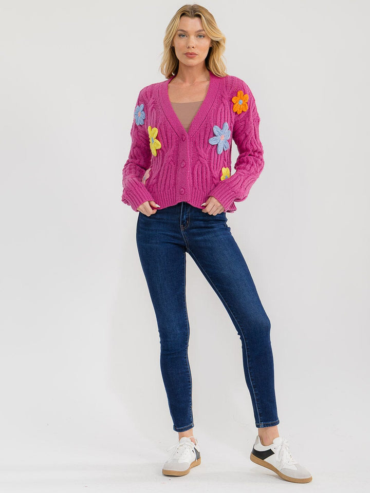 WOMEN'S LONG SLEEVE BUTTON UP EMBROIDERY FLORAL KNIT SWEATER