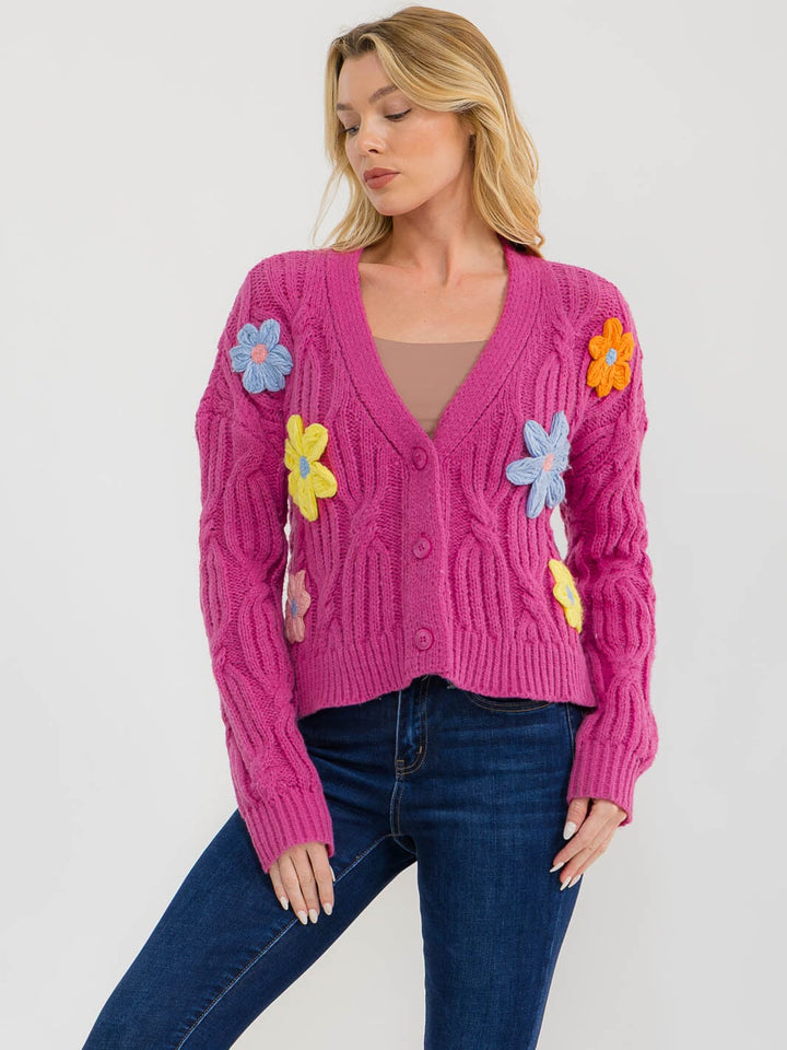 WOMEN'S LONG SLEEVE BUTTON UP EMBROIDERY FLORAL KNIT SWEATER