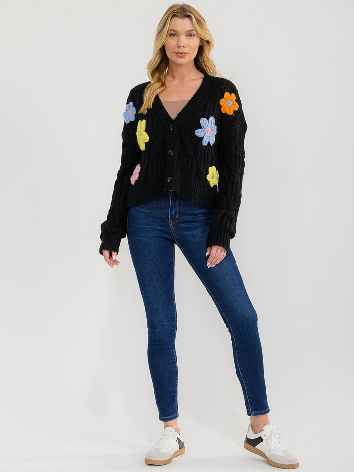 WOMEN'S LONG SLEEVE BUTTON UP EMBROIDERY FLORAL KNIT SWEATER