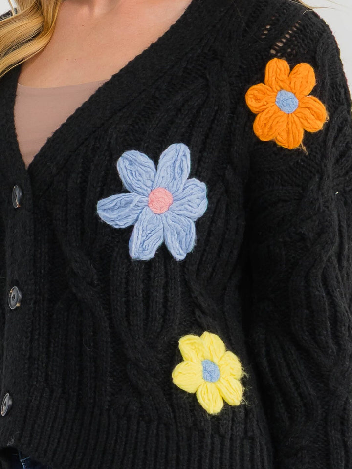 WOMEN'S LONG SLEEVE BUTTON UP EMBROIDERY FLORAL KNIT SWEATER