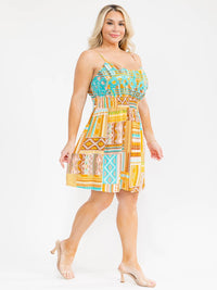 PLUS SIZE SLEEVELESS SMOCK WAIST MULTI PRINT MINI DRESS