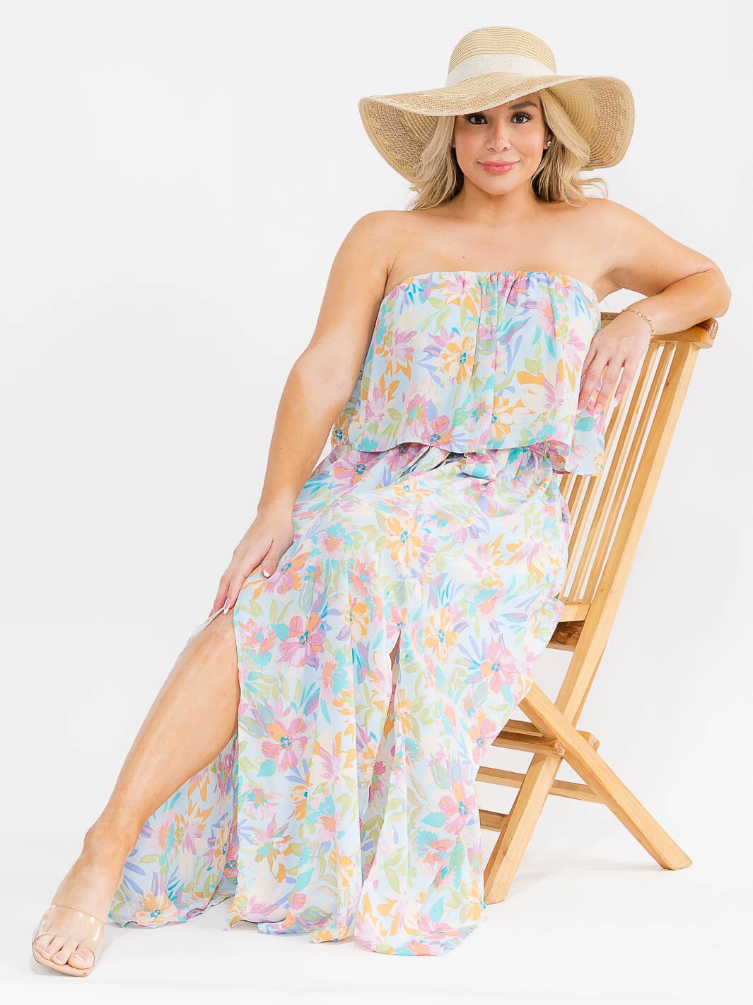 PLUS SIZE SLEEVELESS ELASTIC WAIST SIDE SLIT FLORAL PRINT MAXI DRESS