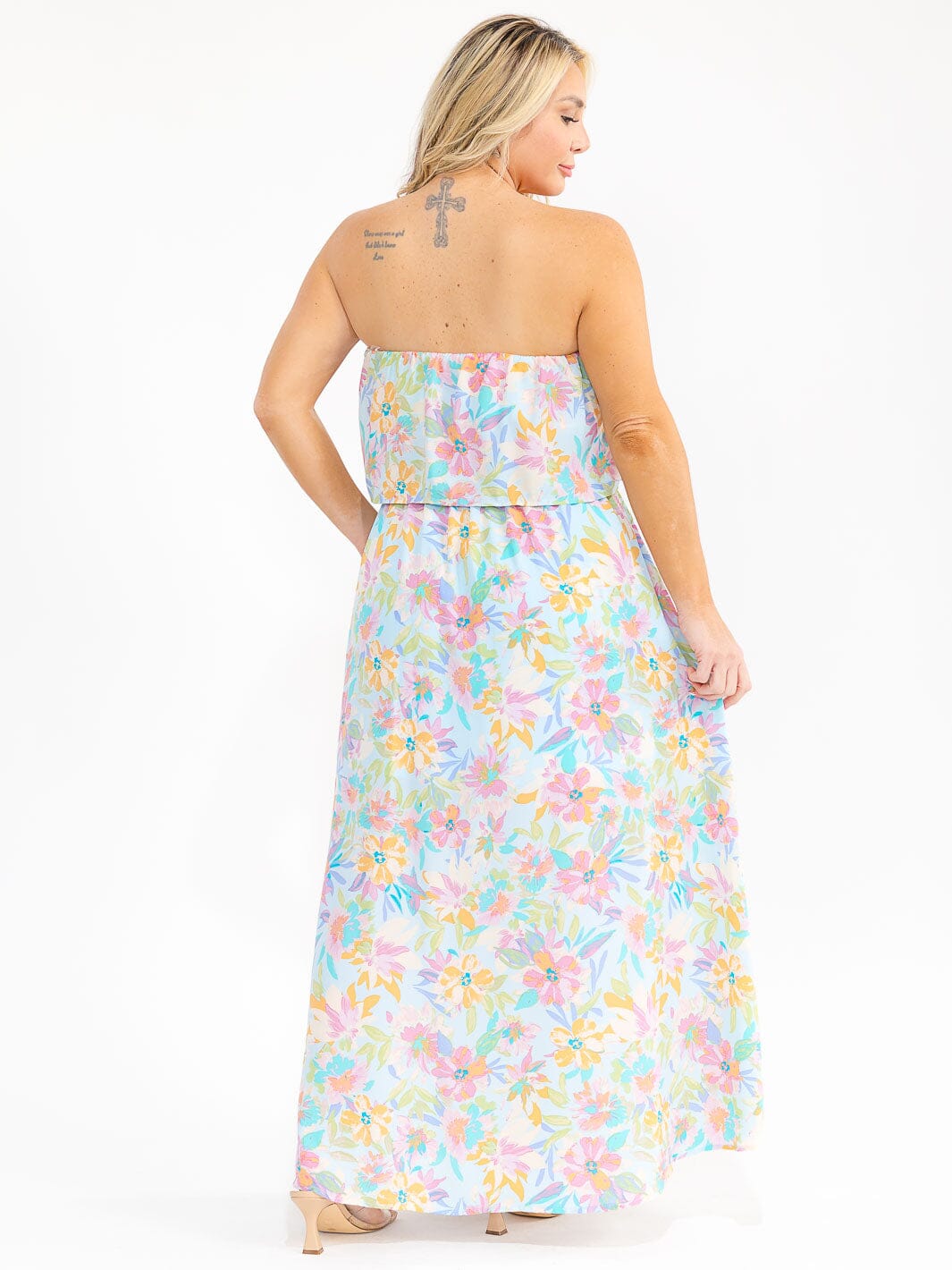 PLUS SIZE SLEEVELESS ELASTIC WAIST SIDE SLIT FLORAL PRINT MAXI DRESS