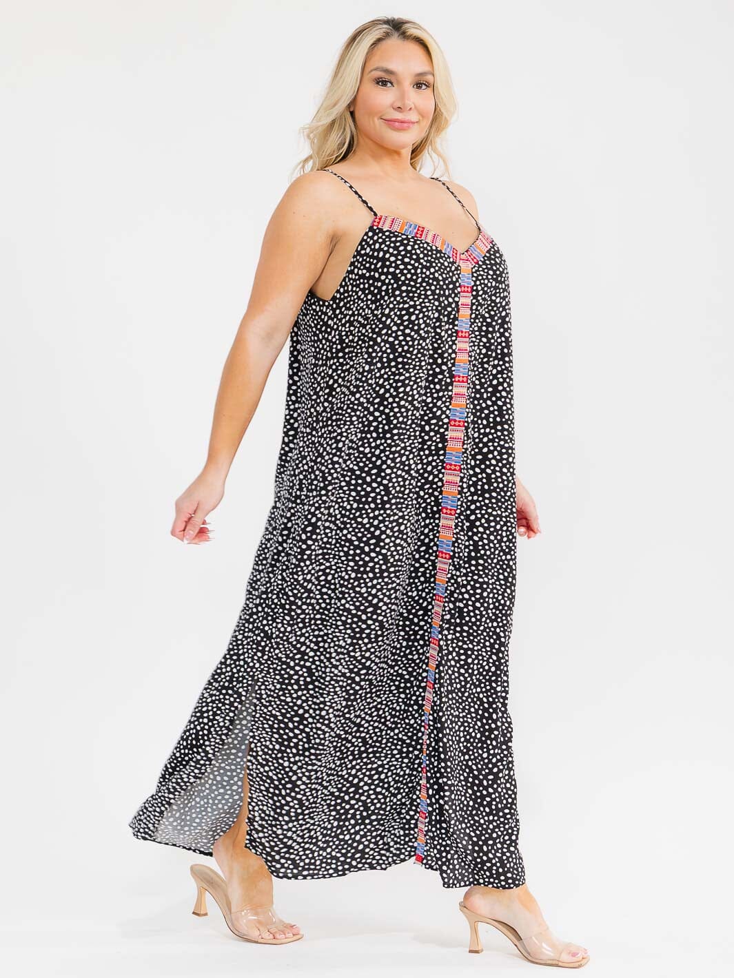 PLUS SIZE SLEEVELESS V-NECK POLKA DOT PRINT EMBROIDERY MAXI DRESS