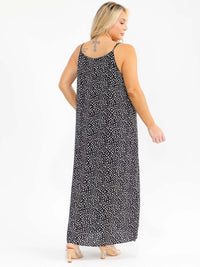 PLUS SIZE SLEEVELESS V-NECK POLKA DOT PRINT EMBROIDERY MAXI DRESS
