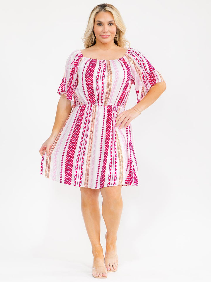 PLUS SIZE SHORT SLEEVE ELASTIC WAIST MULTI PRINT MINI DRESS