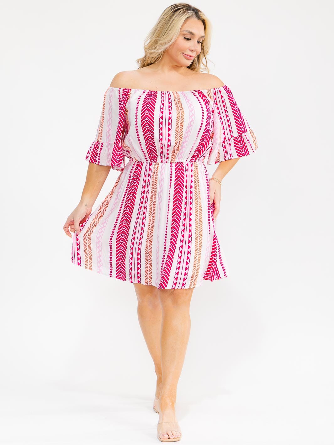 PLUS SIZE SHORT SLEEVE ELASTIC WAIST MULTI PRINT MINI DRESS