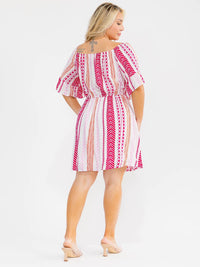 PLUS SIZE SHORT SLEEVE ELASTIC WAIST MULTI PRINT MINI DRESS