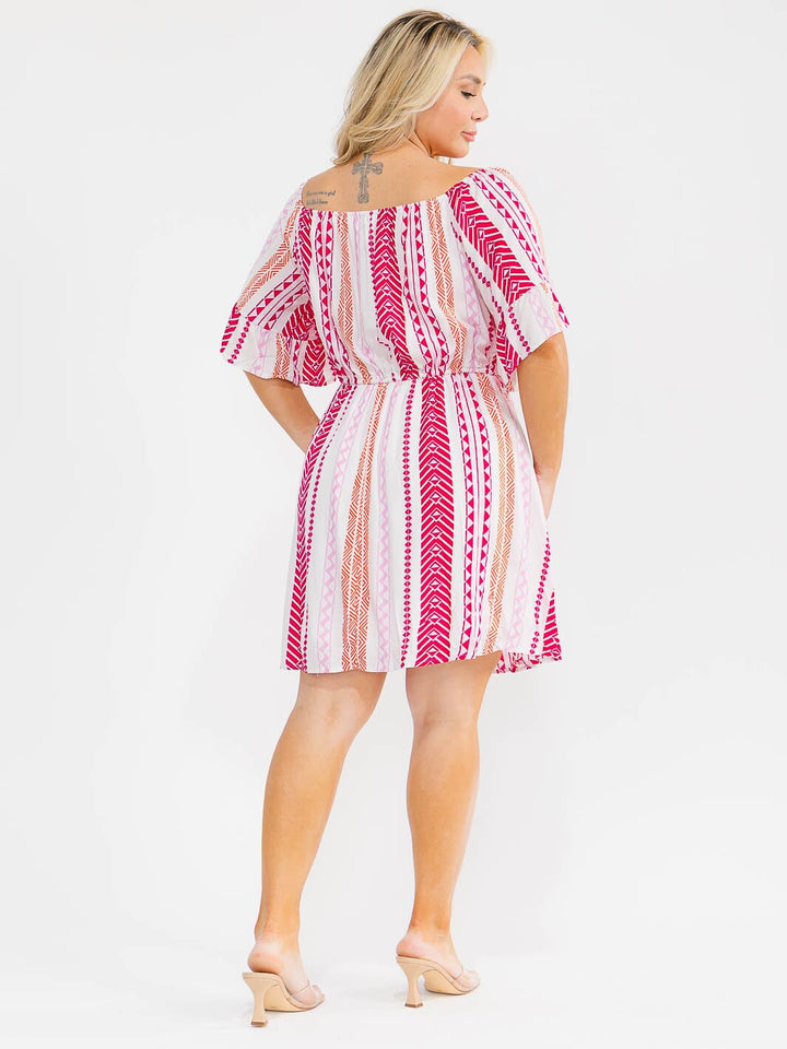 PLUS SIZE SHORT SLEEVE ELASTIC WAIST MULTI PRINT MINI DRESS