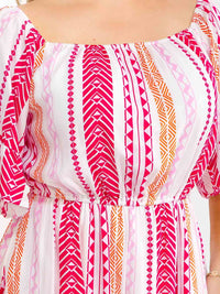 PLUS SIZE SHORT SLEEVE ELASTIC WAIST MULTI PRINT MINI DRESS