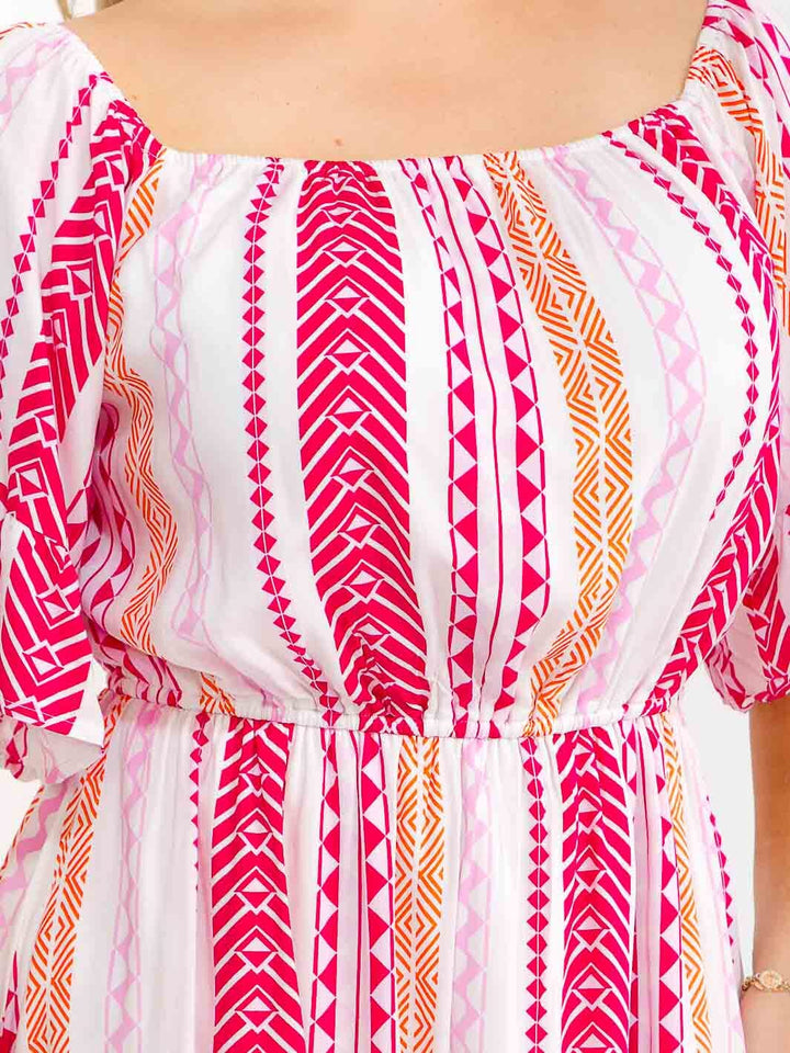 PLUS SIZE SHORT SLEEVE ELASTIC WAIST MULTI PRINT MINI DRESS