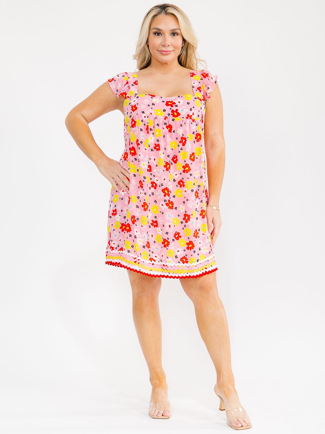 PLUS SIZE SLEEVELESS SQUARE NECK FLORAL TUNIC MINI DRESS