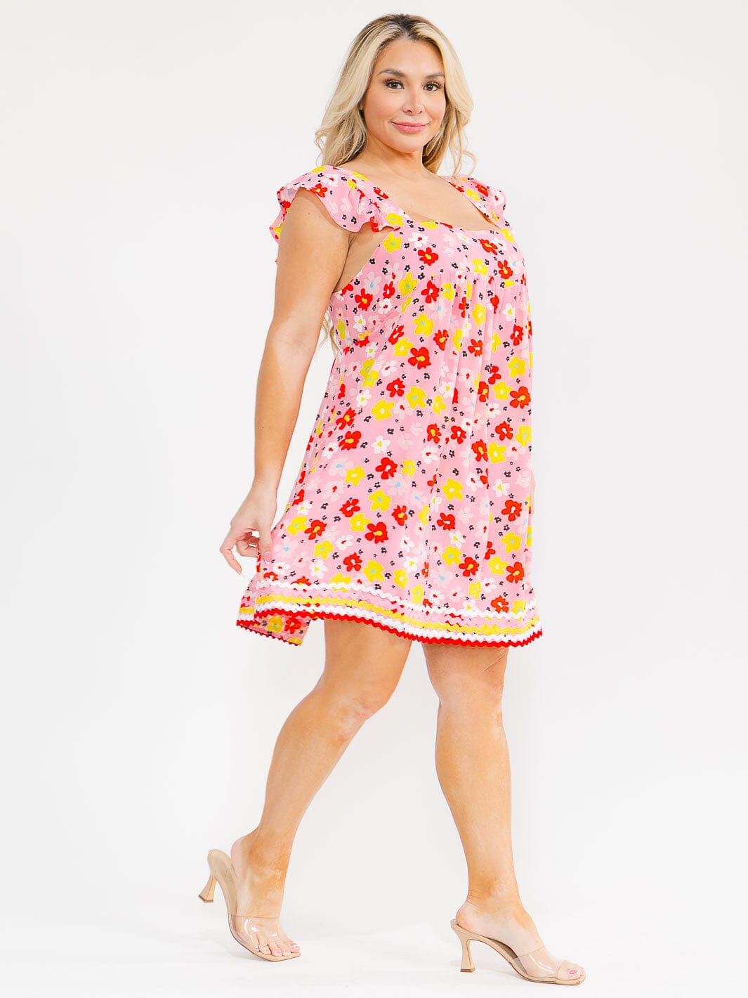 PLUS SIZE SLEEVELESS SQUARE NECK FLORAL TUNIC MINI DRESS