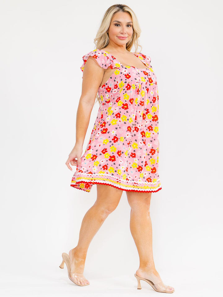 PLUS SIZE SLEEVELESS SQUARE NECK FLORAL TUNIC MINI DRESS