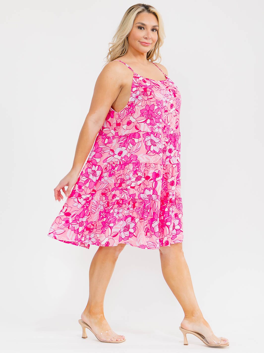 PLUS SIZE SLEEVELESS HALTER NECK FLORAL TUNIC MINI DRESS