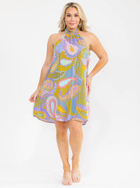 PLUS SIZE SLEEVELESS HALTER NECK PAISLEY PRINT MIDI DRESS