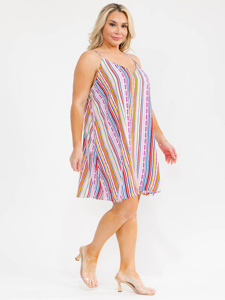 PLUS SIZE SLEEVELESS V-NECK MULTI PRINT MINI DRESS