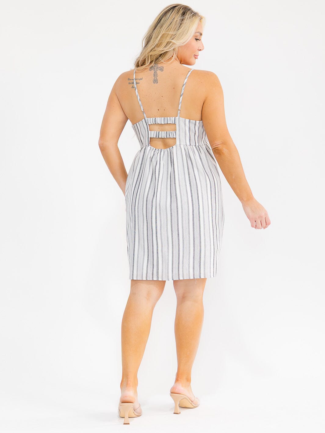 PLUS SIZE SLEEVELESS OPEN BACK STRIPES MINI DRESS