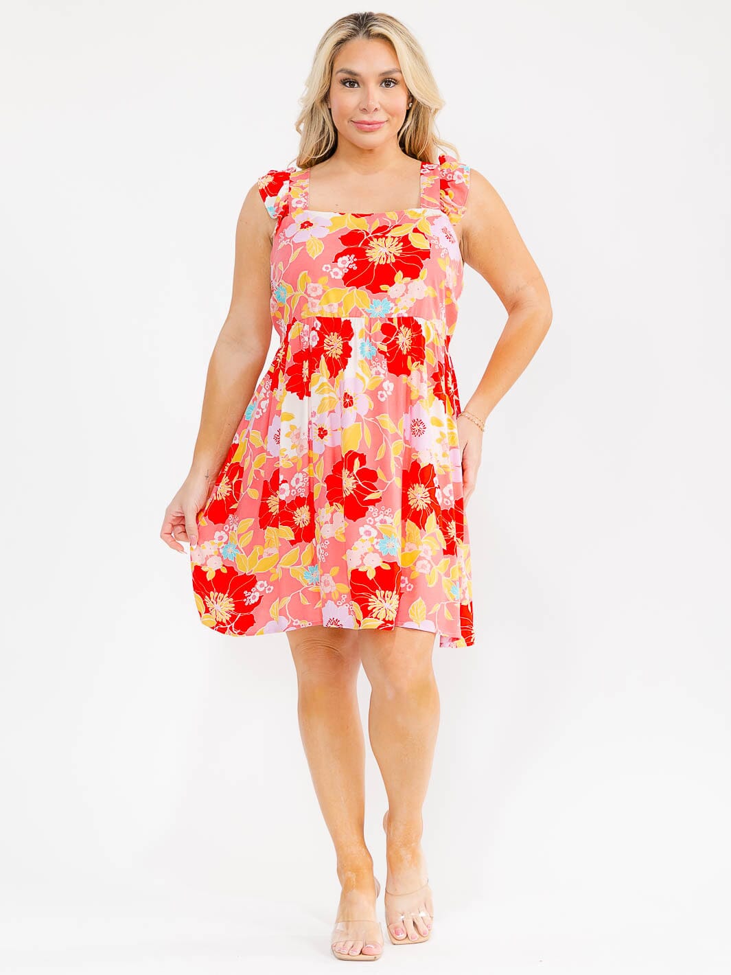 PLUS SIZE SLEEVELESS SQUARE NECK FLORAL TUNIC MINI DRESS