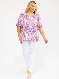 PLUS SIZE SHORT SLEEVE V-NECK FLORAL PRINT BLOUSE