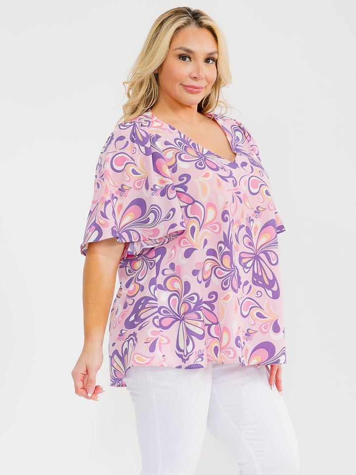 PLUS SIZE SHORT SLEEVE V-NECK FLORAL PRINT BLOUSE