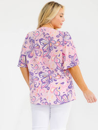 PLUS SIZE SHORT SLEEVE V-NECK FLORAL PRINT BLOUSE