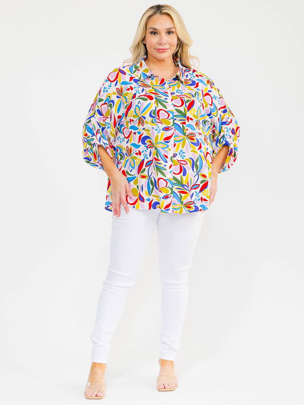 PLUS SIZE LONG SLEEVE BUTTON UP FRONT POCKETS MULTI PRINT BLOUSE
