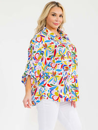 PLUS SIZE LONG SLEEVE BUTTON UP FRONT POCKETS MULTI PRINT BLOUSE