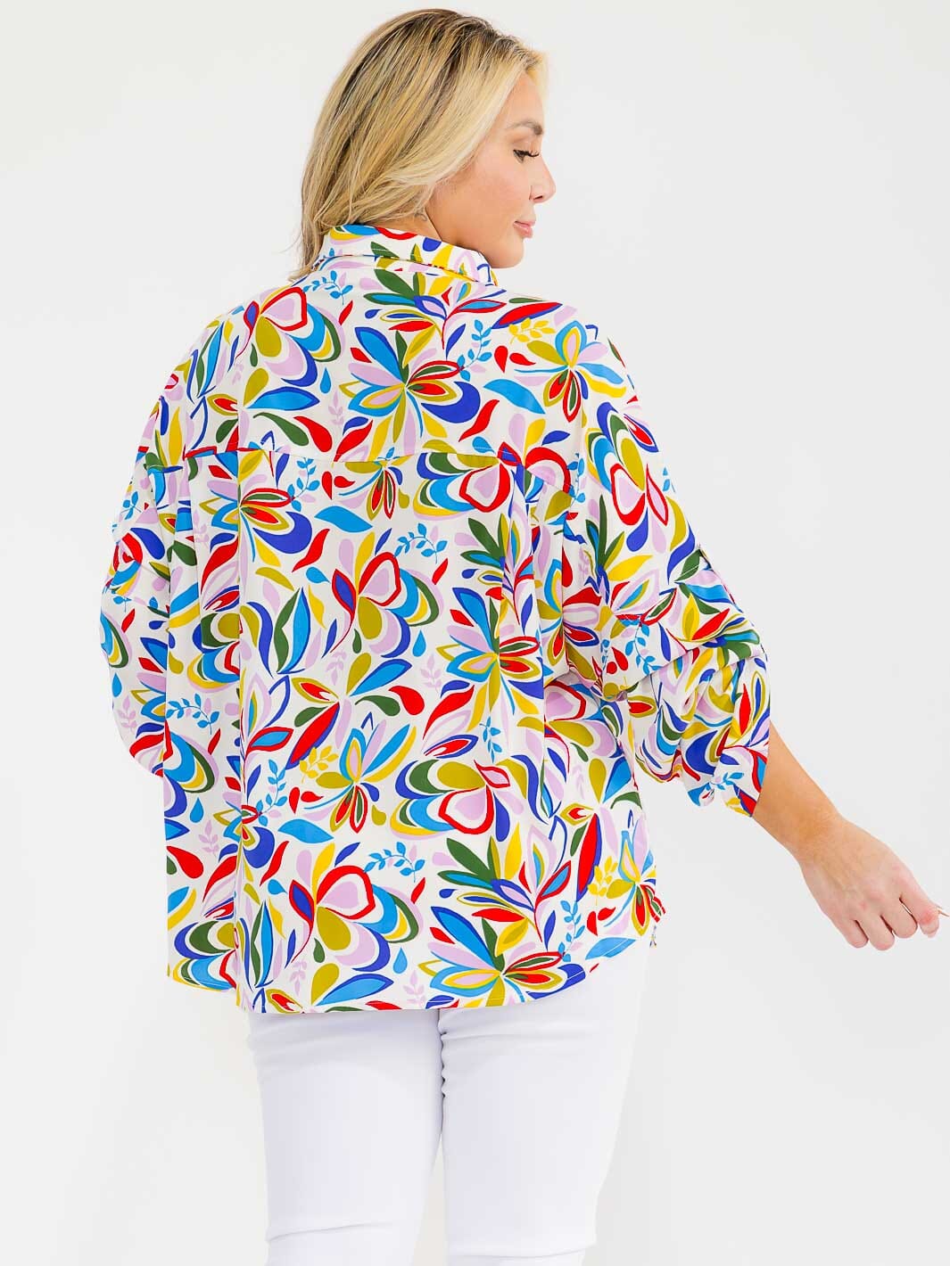 PLUS SIZE LONG SLEEVE BUTTON UP FRONT POCKETS MULTI PRINT BLOUSE