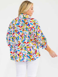 PLUS SIZE LONG SLEEVE BUTTON UP FRONT POCKETS MULTI PRINT BLOUSE