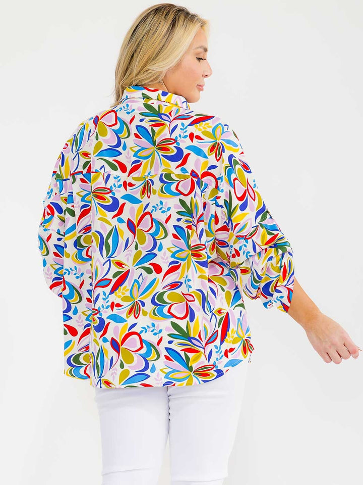 PLUS SIZE LONG SLEEVE BUTTON UP FRONT POCKETS MULTI PRINT BLOUSE