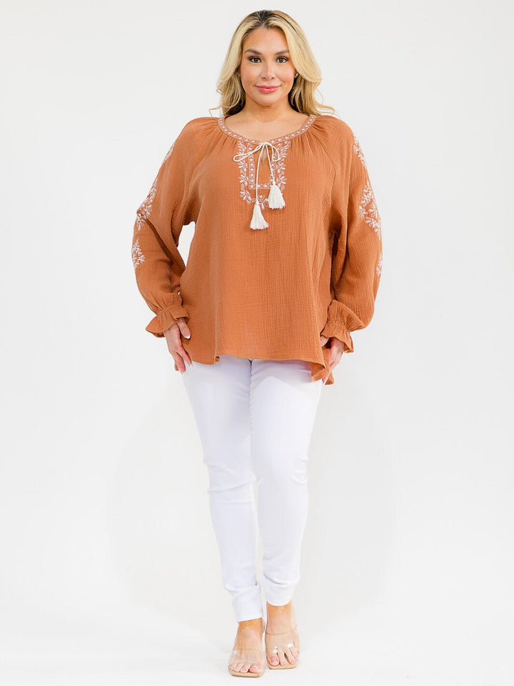 PLUS SIZE LONG SLEEVE V-NECK LOOSE FIT TUNIC EMBROIDERY BLOUSE