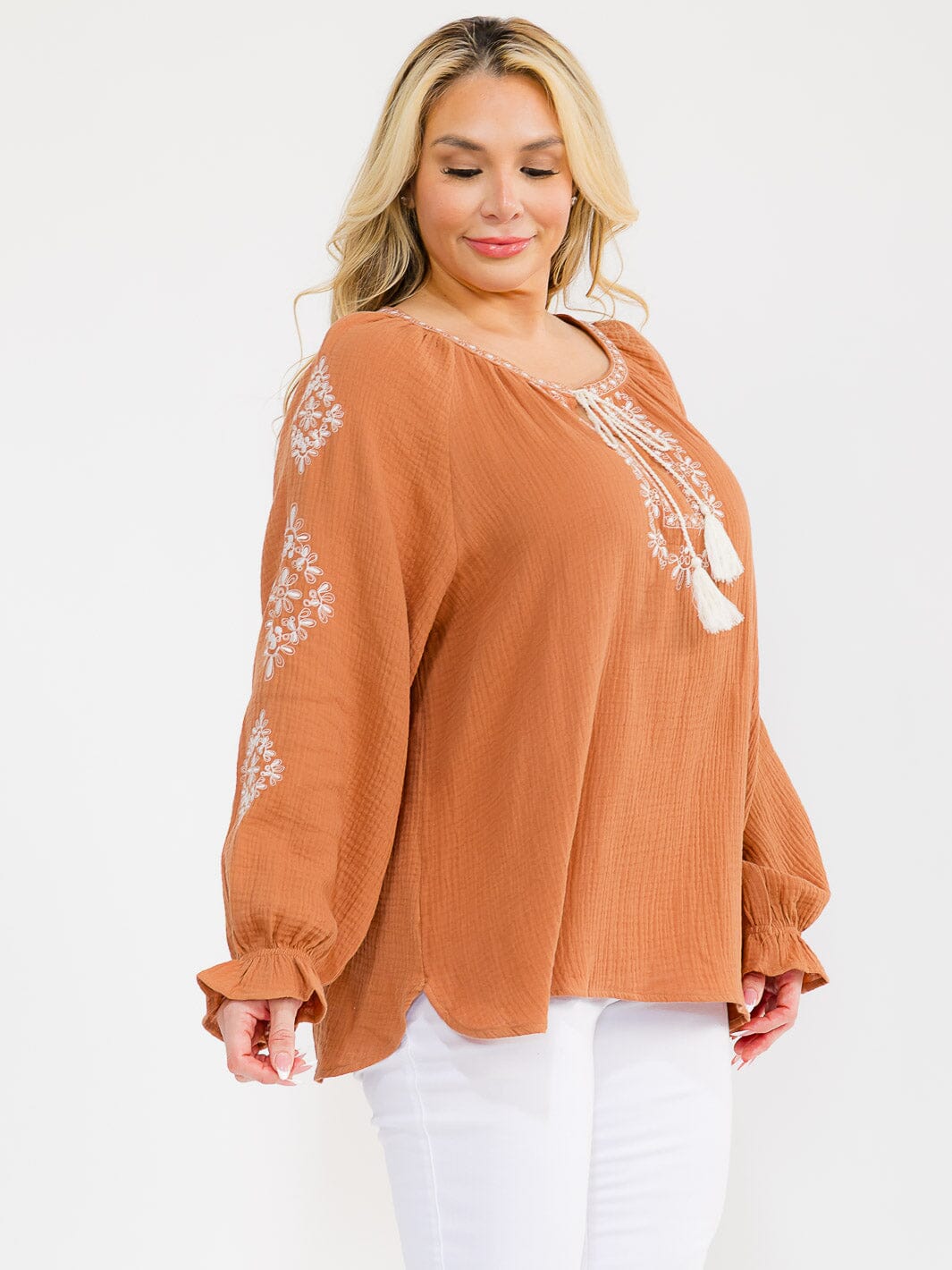 PLUS SIZE LONG SLEEVE V-NECK LOOSE FIT TUNIC EMBROIDERY BLOUSE