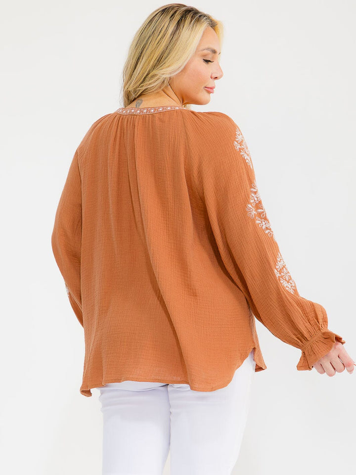 PLUS SIZE LONG SLEEVE V-NECK LOOSE FIT TUNIC EMBROIDERY BLOUSE