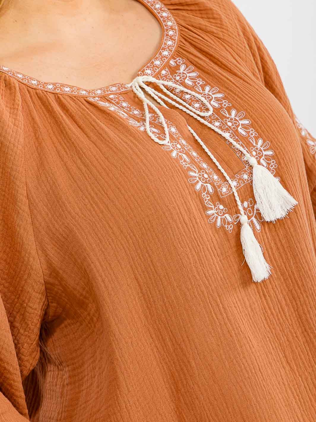 PLUS SIZE LONG SLEEVE V-NECK LOOSE FIT TUNIC EMBROIDERY BLOUSE