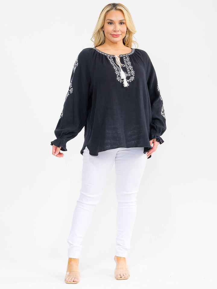 PLUS SIZE LONG SLEEVE V-NECK LOOSE FIT TUNIC EMBROIDERY BLOUSE