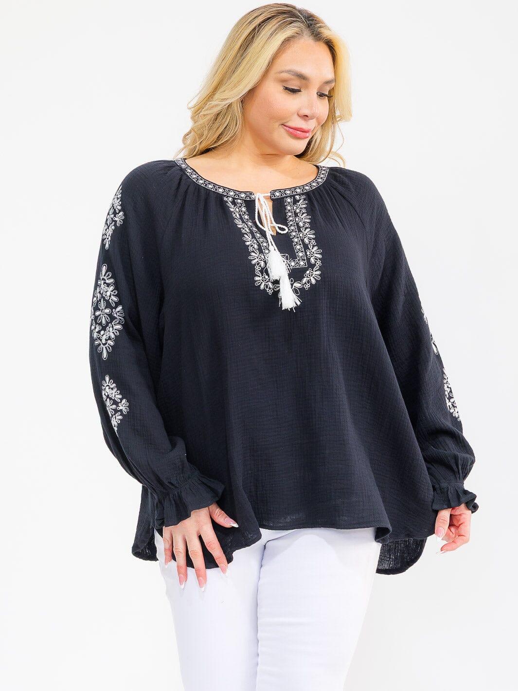 PLUS SIZE LONG SLEEVE V-NECK LOOSE FIT TUNIC EMBROIDERY BLOUSE
