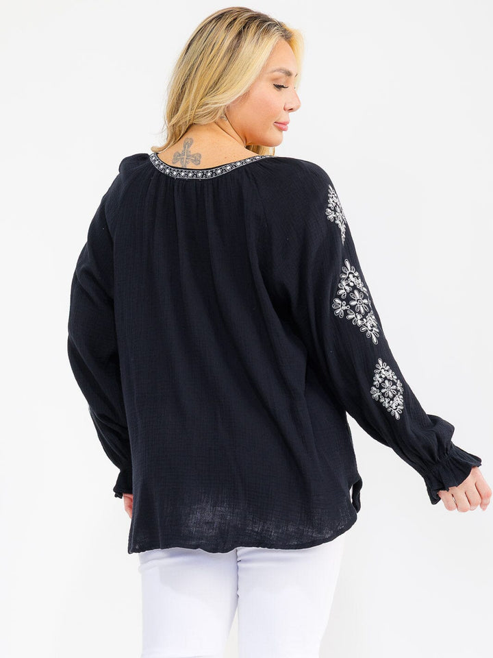PLUS SIZE LONG SLEEVE V-NECK LOOSE FIT TUNIC EMBROIDERY BLOUSE