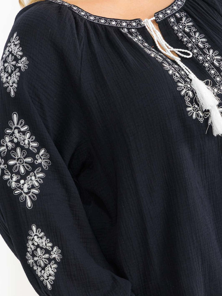 PLUS SIZE LONG SLEEVE V-NECK LOOSE FIT TUNIC EMBROIDERY BLOUSE
