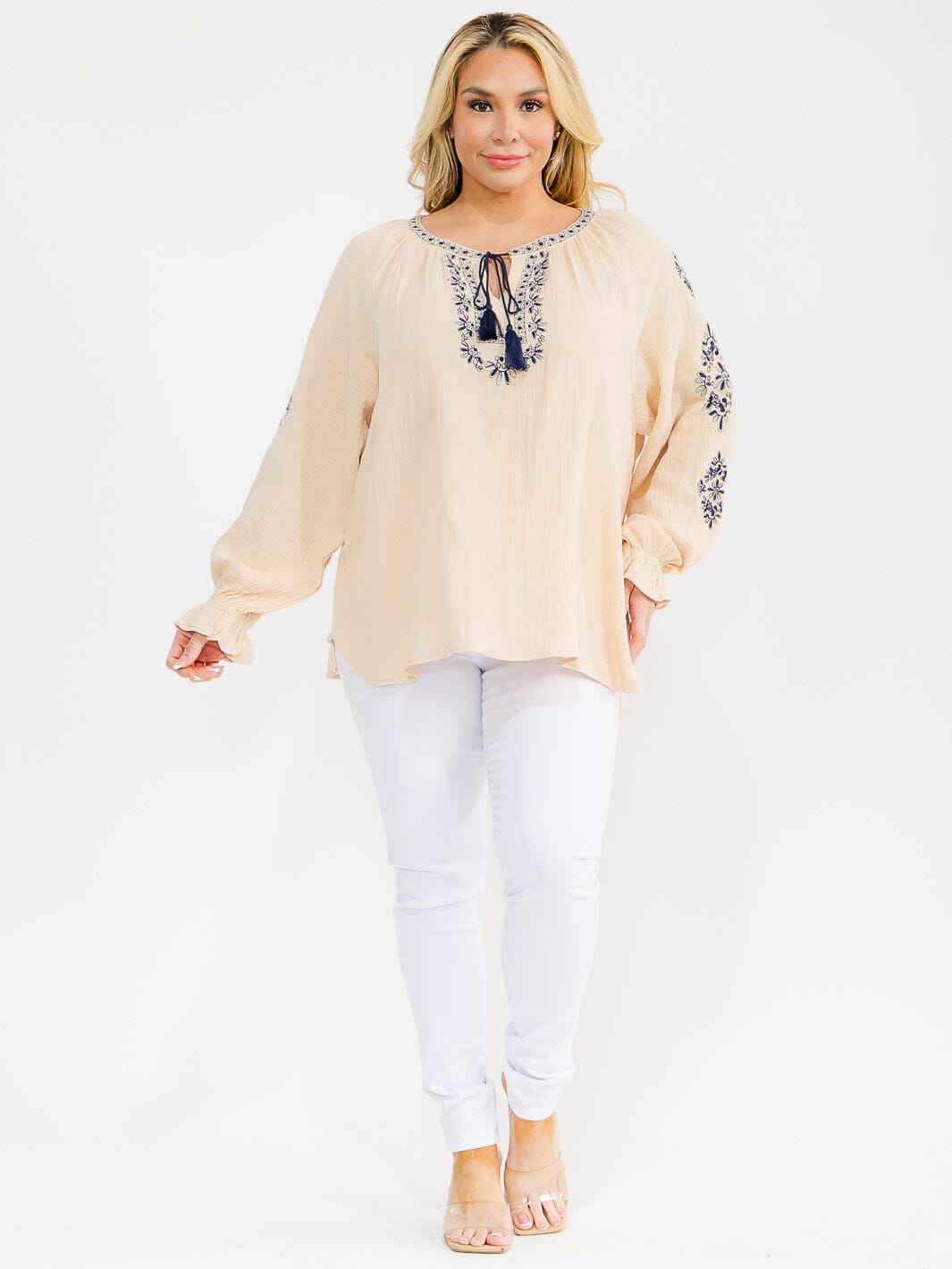 PLUS SIZE LONG SLEEVE V-NECK LOOSE FIT TUNIC EMBROIDERY BLOUSE