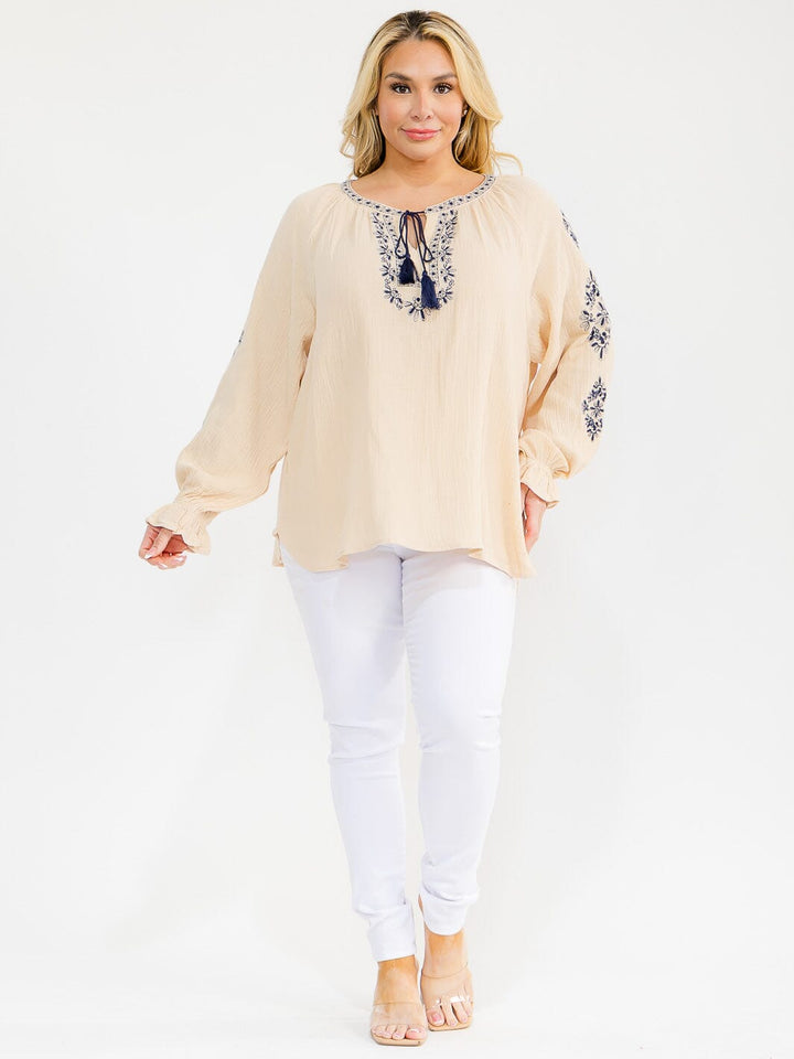 PLUS SIZE LONG SLEEVE V-NECK LOOSE FIT TUNIC EMBROIDERY BLOUSE
