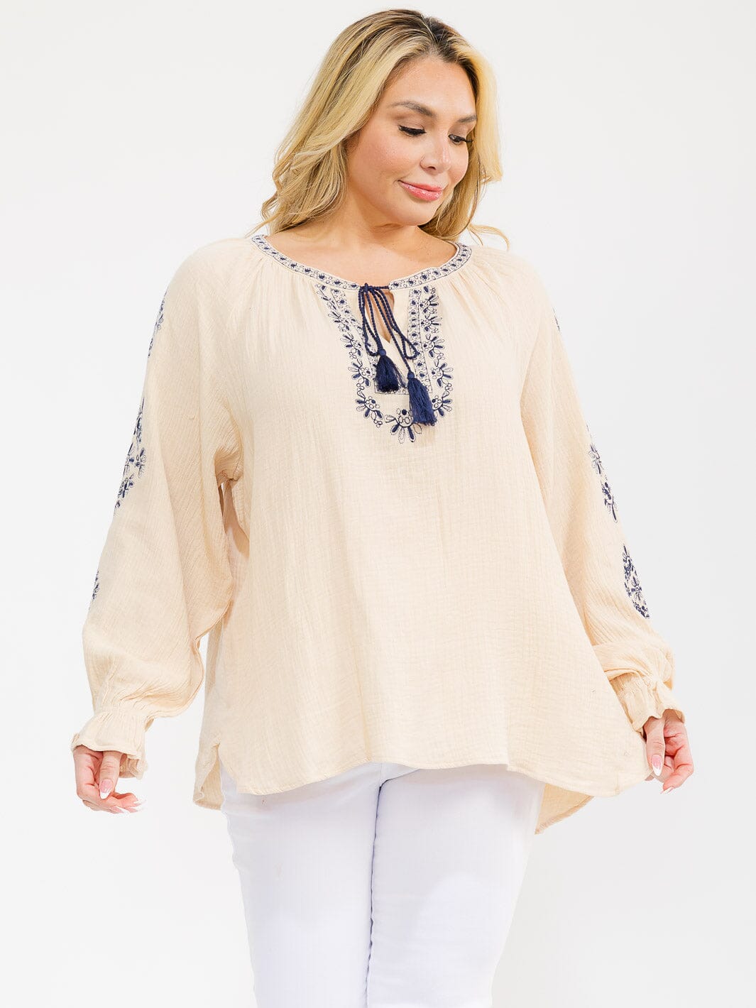 PLUS SIZE LONG SLEEVE V-NECK LOOSE FIT TUNIC EMBROIDERY BLOUSE