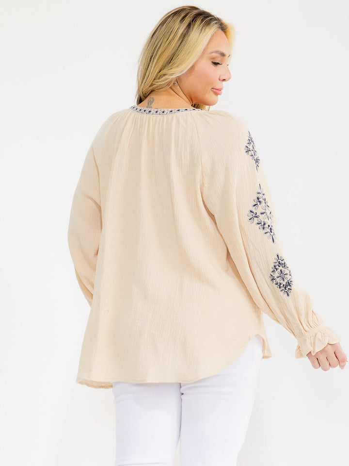 PLUS SIZE LONG SLEEVE V-NECK LOOSE FIT TUNIC EMBROIDERY BLOUSE