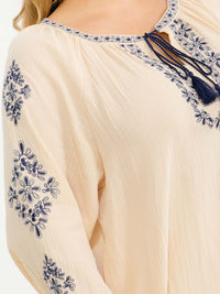 PLUS SIZE LONG SLEEVE V-NECK LOOSE FIT TUNIC EMBROIDERY BLOUSE