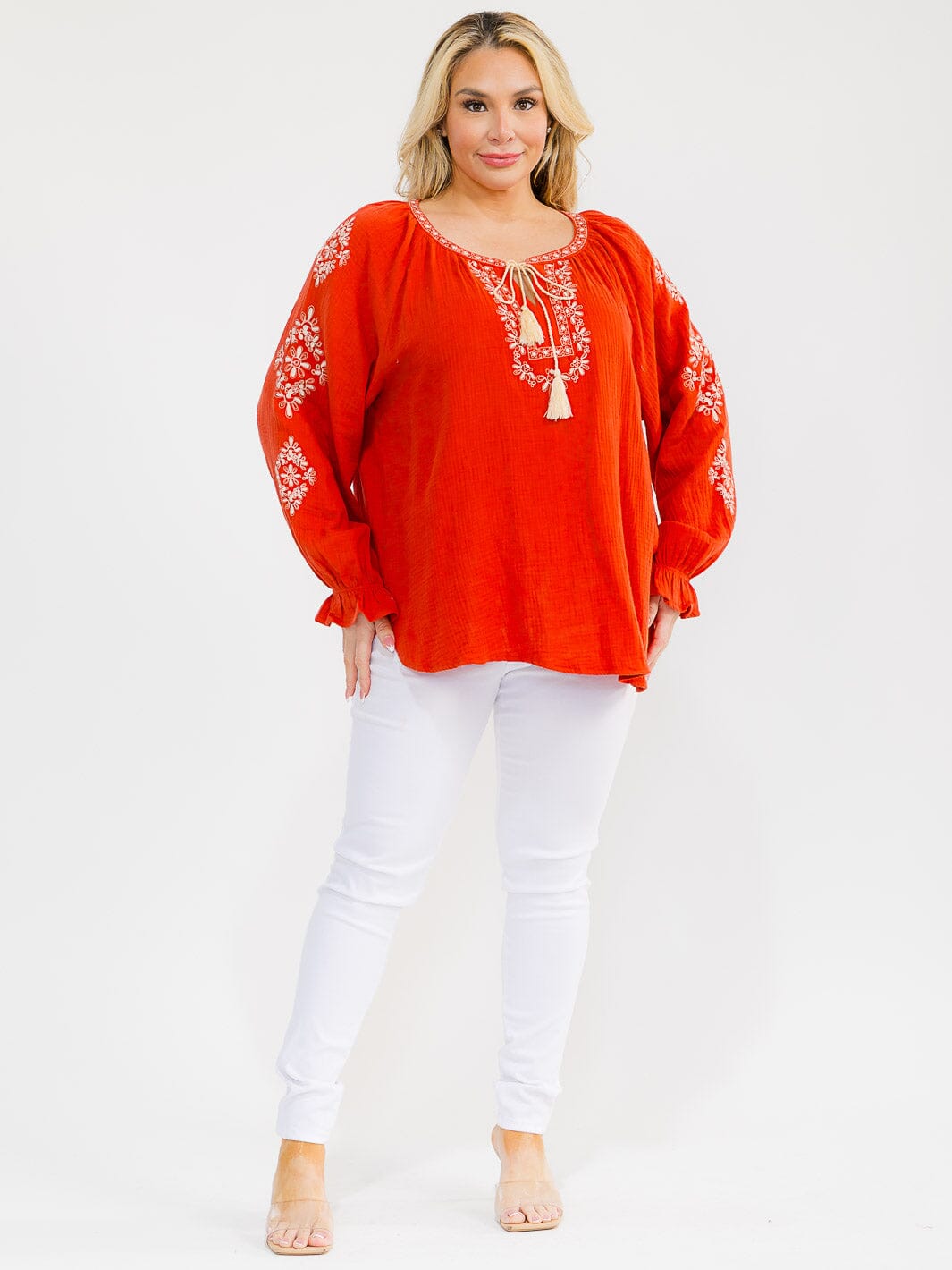 PLUS SIZE LONG SLEEVE V-NECK LOOSE FIT TUNIC EMBROIDERY BLOUSE