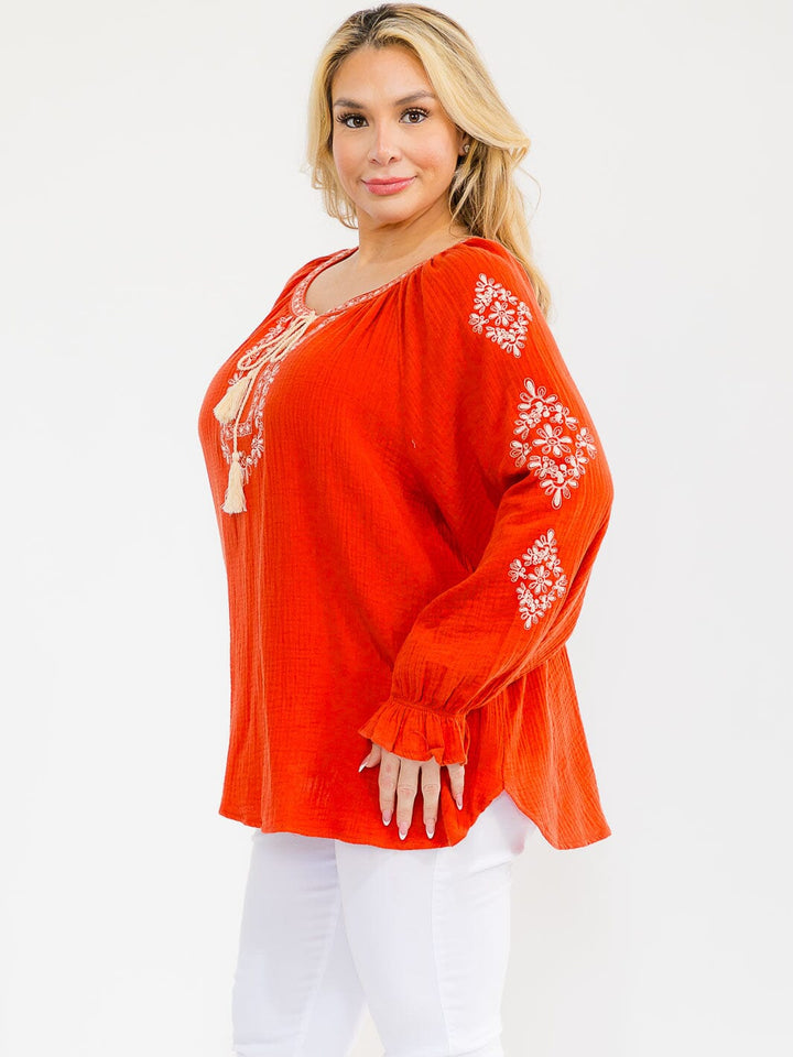 PLUS SIZE LONG SLEEVE V-NECK LOOSE FIT TUNIC EMBROIDERY BLOUSE