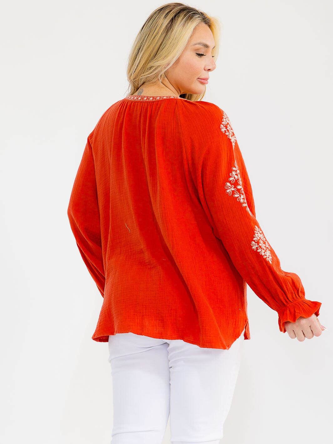 PLUS SIZE LONG SLEEVE V-NECK LOOSE FIT TUNIC EMBROIDERY BLOUSE